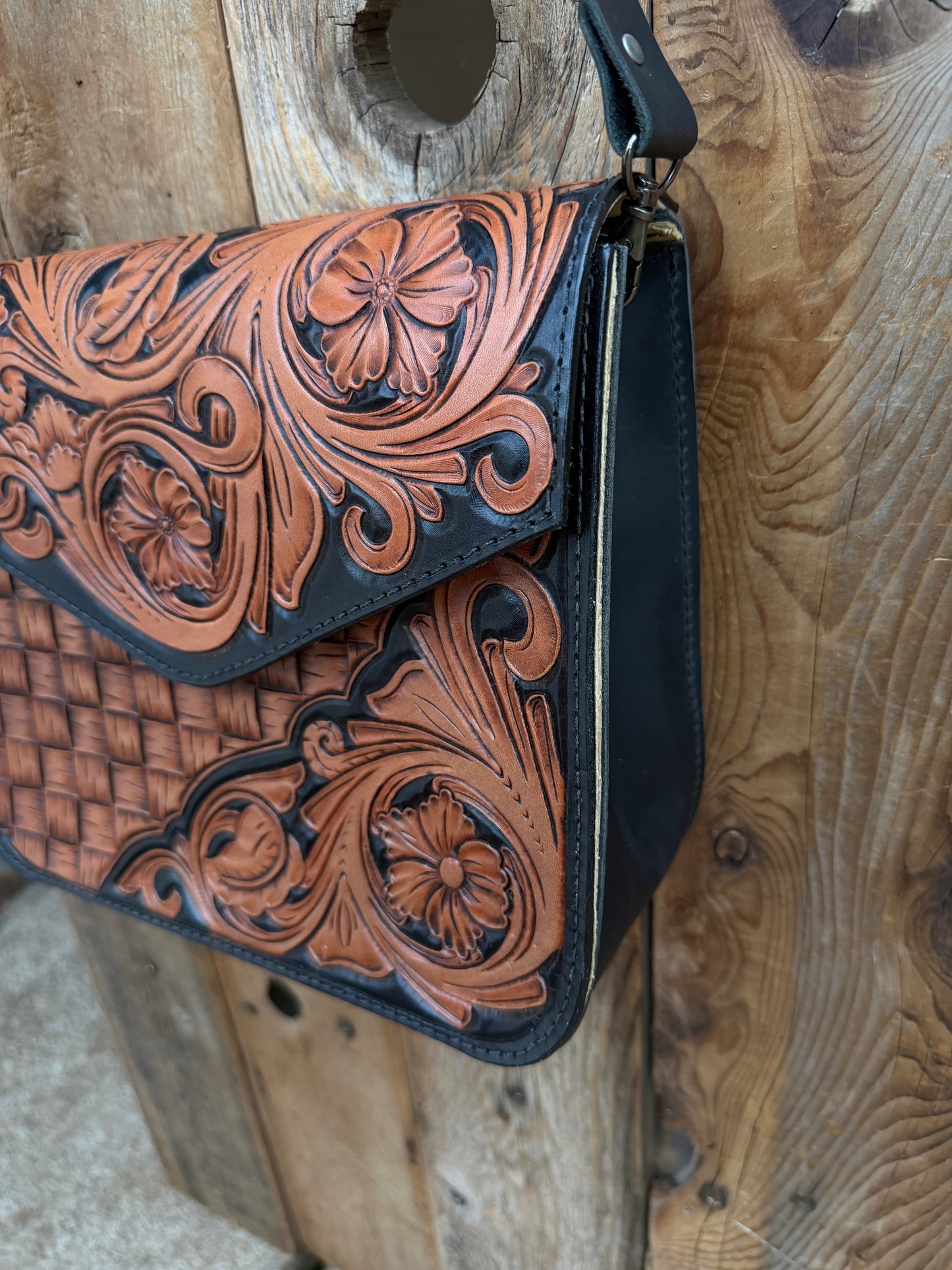 Tooled leather concealed cross body purse