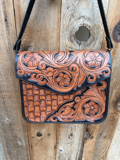 Tooled leather concealed cross body purse