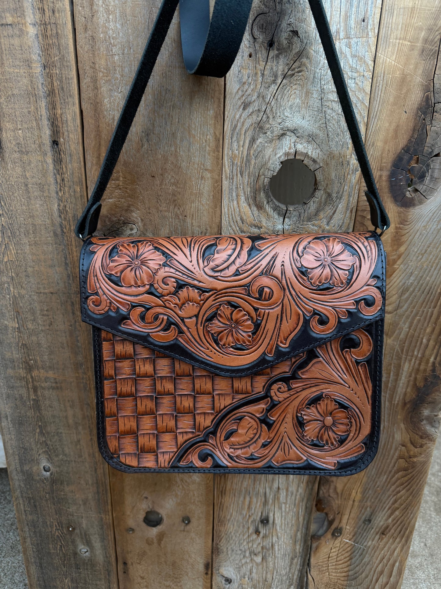 Tooled leather concealed cross body purse