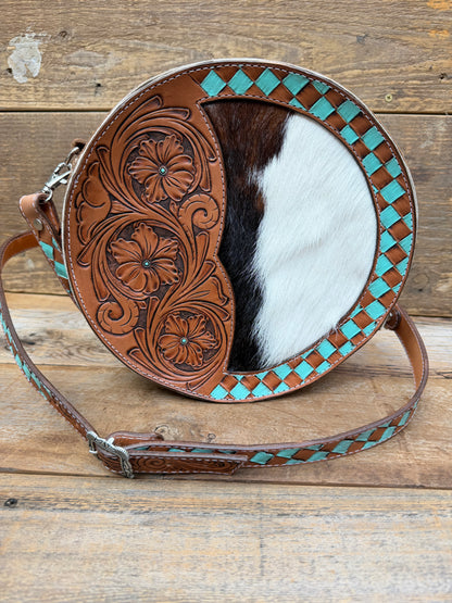 Tooled round cowhide/turquoise consealed purse